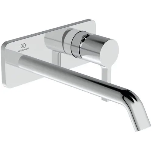 Wand-Waschtischarmatur aus Chrom von Ideal Standard mit eckiger Rosette und einem längeren Auslauf. Schlichte, moderne Form für Badezimmeranwendungen.